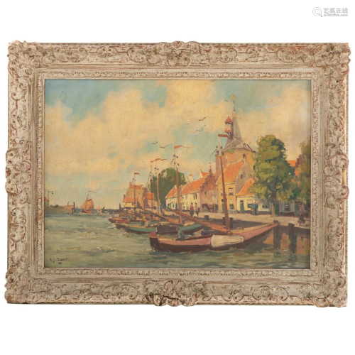 Arie Zwart. Amsterdam Harbor Scene, oil on canvas