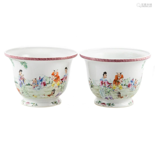 Pair of Chinese Famille Rose Cache Pots