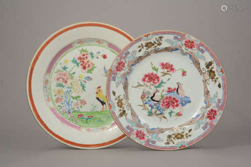 十八世紀 粉彩錦雞折沿盤 連粉彩花卉紋盤