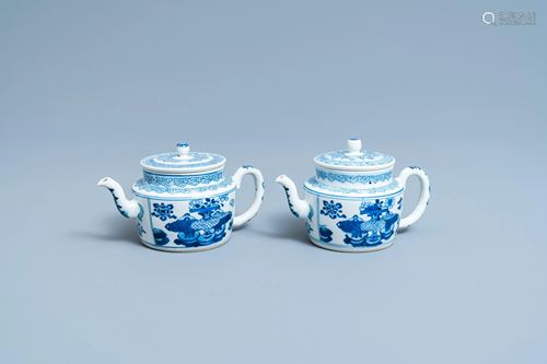 A pair of Chinese blue and white 'antiquities' teapots,