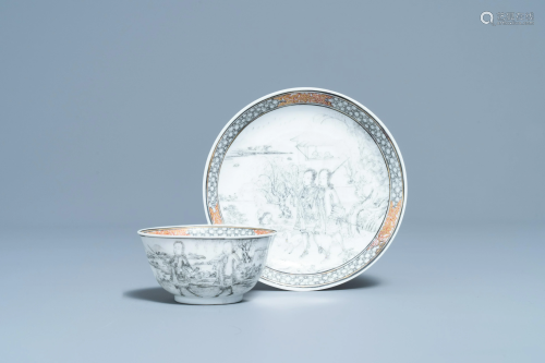 A Chinese grisaille cup and saucer with European