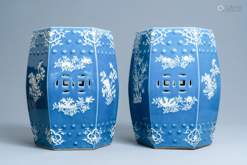 A pair of hexagonal blue-ground Chinese garden seats,