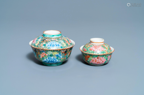 Two Chinese Thai market Bencharong bowls and covers,