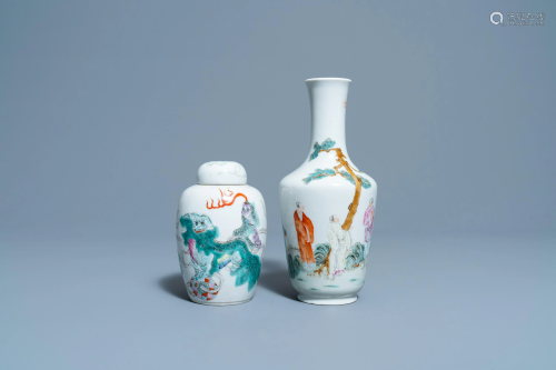 A Chinese famille rose vase and a covered jar with