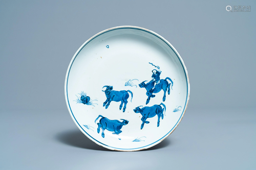 A Chinese blue and white ko-sometsuke 'oxen' plate for