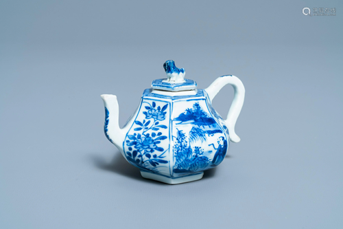 A hexagonal Chinese blue and white teapot and cover,