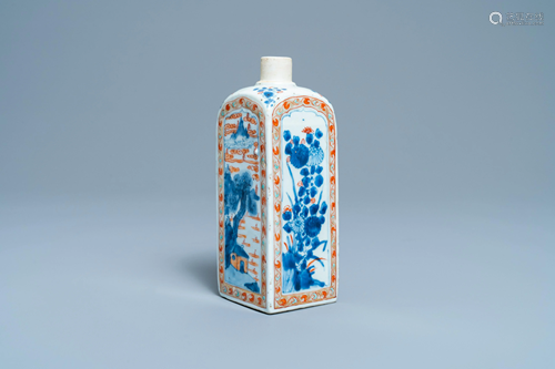 A square Chinese verte-Imari flask with floral and