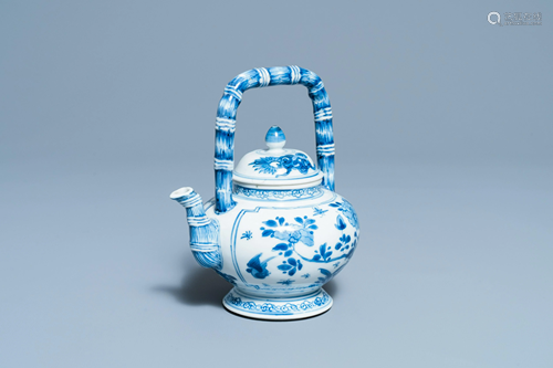 A Chinese blue and white teapot with bamboo-shaped