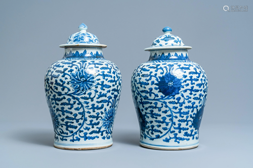 A pair of Chinese blue and white 'lotus scroll' vases