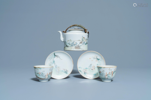A Chinese qianjiang cai teapot and two cups and