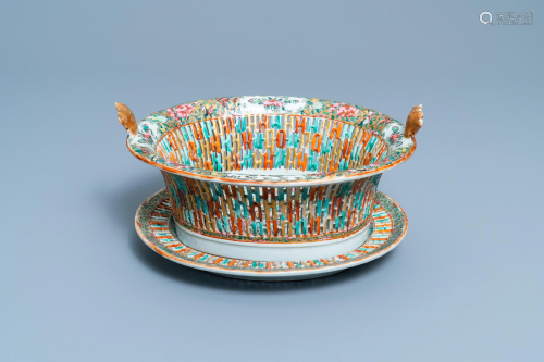A reticulated Chinese Canton famille rose basket on