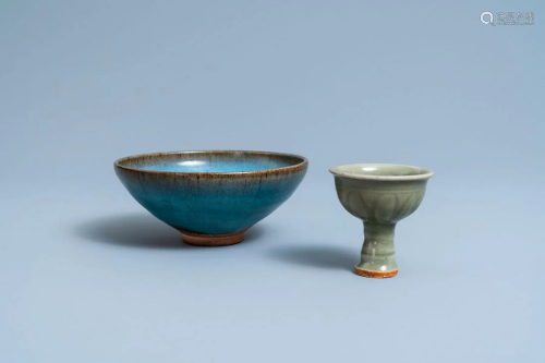 A Chinese Longquan celadon stem cup and a Junyao bowl,