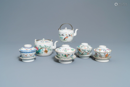 Two Chinese famille rose teapots and four covered bowls