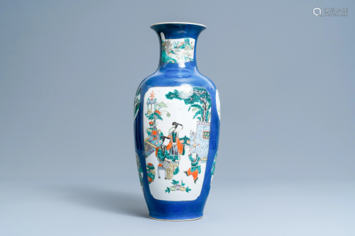 A Chinese famille verte powder blue-ground vase, 19th
