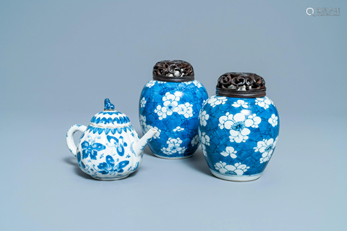 A pair of Chinese blue and white 'prunus on cracked