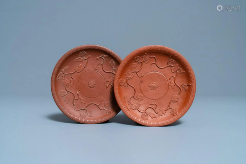 A pair of Chinese Yixing stoneware dishes with applied