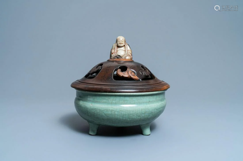 A Chinese Longquan celadon censer with wooden cover and