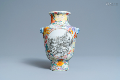 A Chinese famille rose millefleurs vase with grisaille