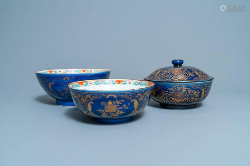 Three Chinese powder blue and gilt bowls, 19th C.