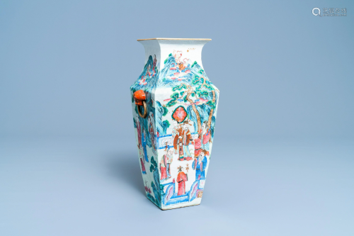 A square Chinese famille rose 'immortals' vase, 19th C.