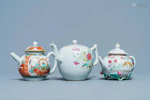 Three Chinese famille rose and Dutch-decorated teapots,