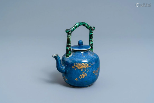 A Chinese powder blue and gilt teapot with verte