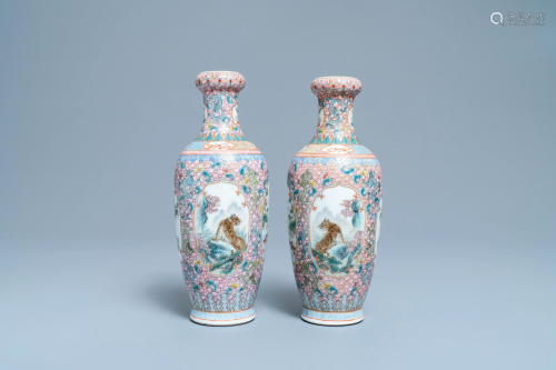 A pair of Chinese famille rose vases with tigers,