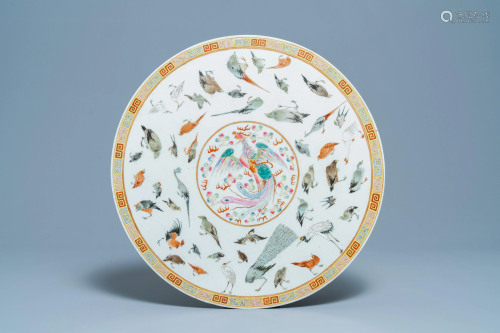 A large round Chinese famille rose 'birds' plaque,