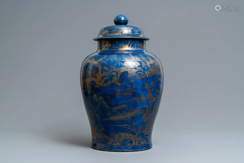 A large Chinese monochrome powder blue and gilt vase