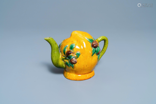 A Chinese sancai-glazed peach-shaped cadogan teapot,