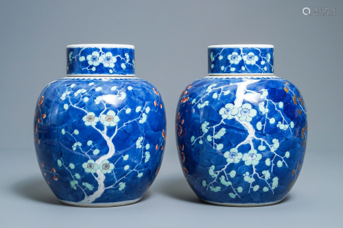 A pair of Chinese polychrome 'prunus on cracked ice'