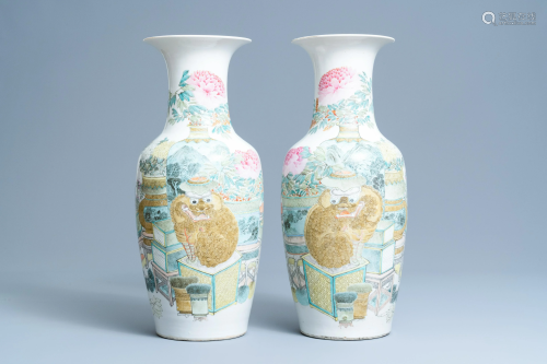 A pair of Chinese qianjiang cai vases with antiquities