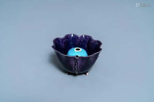 A Chinese aubergine- and turquoise-glazed 'lotus' trick