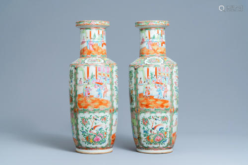 A pair of Chinese Canton famille rose rouleau vases,