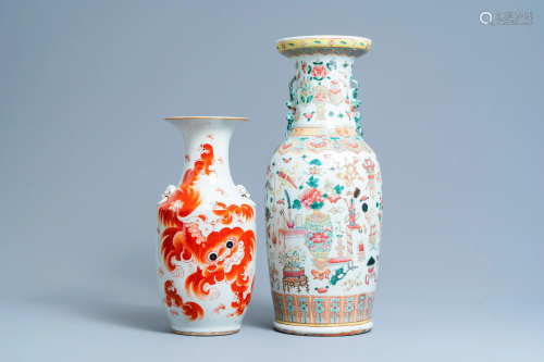 A Chinese famille rose 'antiquities' vase and an iron