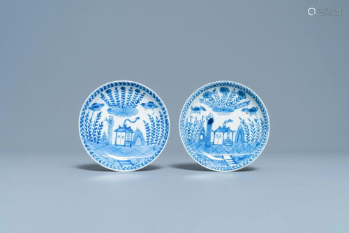 A pair of Chinese blue and white cups and saucers,