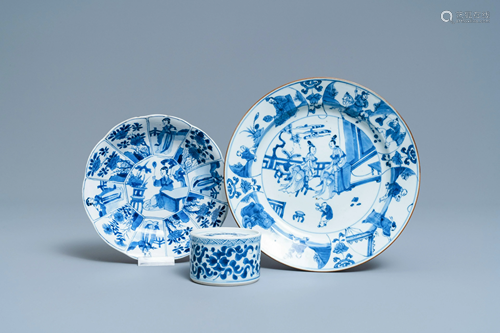 Two Chinese blue and white plates and an inkwell,