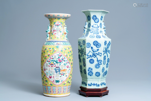 A Chinese hexagonal celadon-ground vase and a
