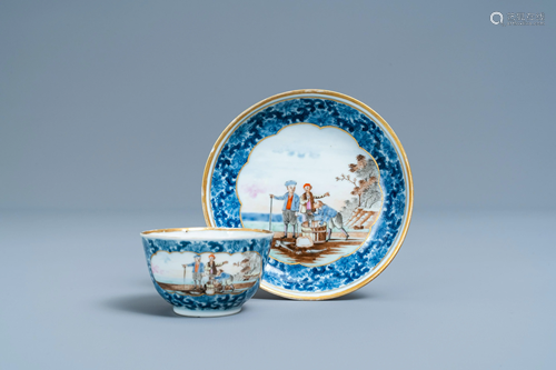 A Chinese export porcelain cup and saucer with a