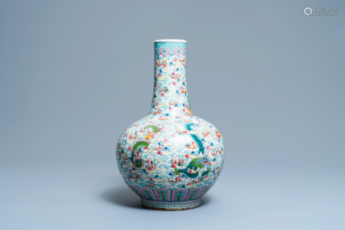 A Chinese famille rose bottle vase with dragons, 19th