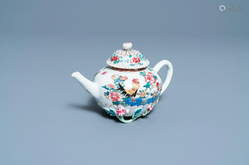 A Chinese famille rose teapot and cover with roosters,