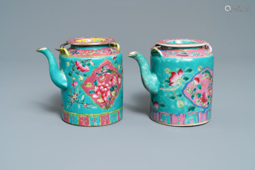 Two large Chinese turquoise-ground famille rose teapots