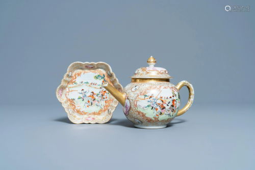 A Chinese gilded famille rose 'Mongolian hunt' teapot