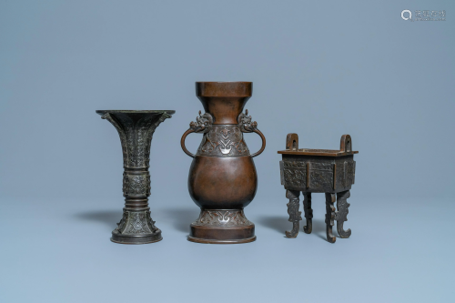 Two Chinese archaic bronze vases and a censer, 18/19th