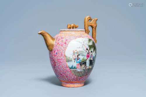 A tall Chinese famille rose wine ewer and cover,