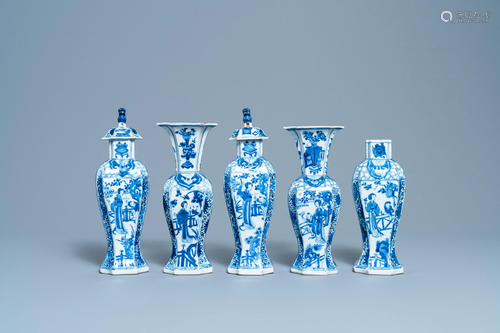 A Chinese blue and white five-piece garniture with boys