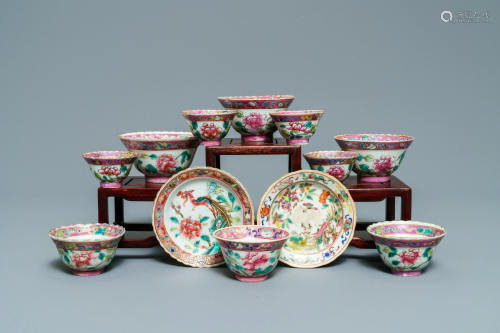 Ten Chinese famille rose bowls and two saucers for the