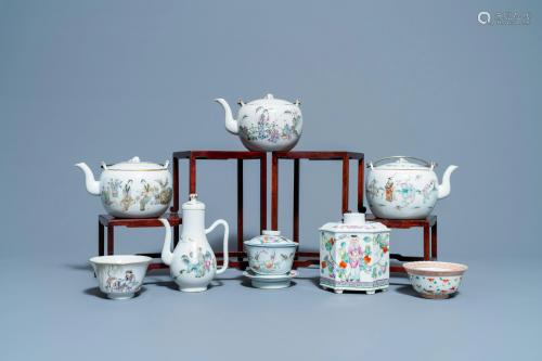 Four Chinese famille rose teapots, three bowls and a