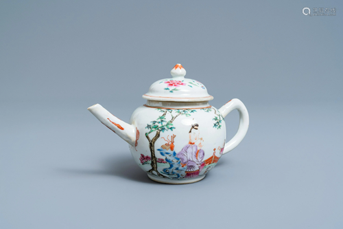 A Chinese famille rose teapot with figures in a garden,