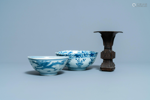 Two Chinese blue and white bowls and a bronze vase,